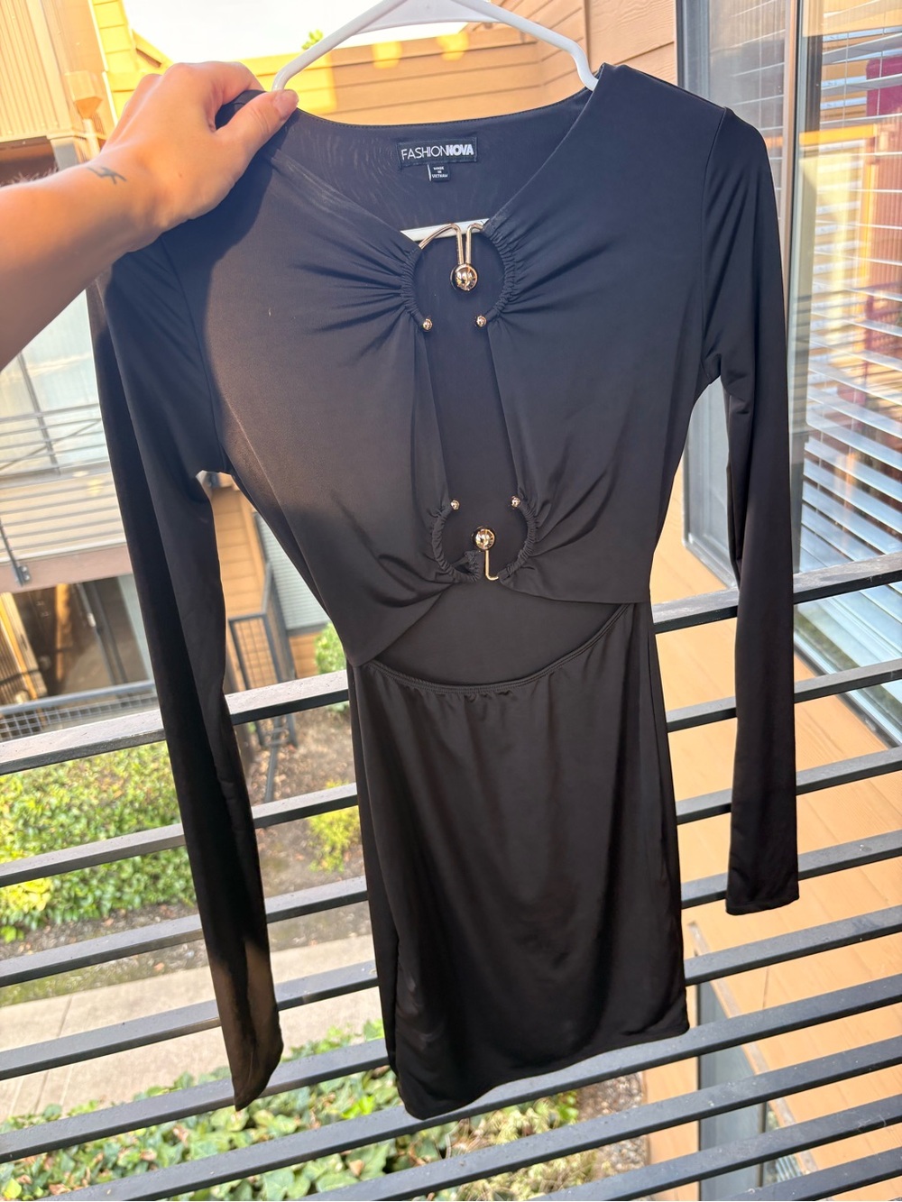fashion nova black long sleeve cutout  mini dress with gold hardware 🖤